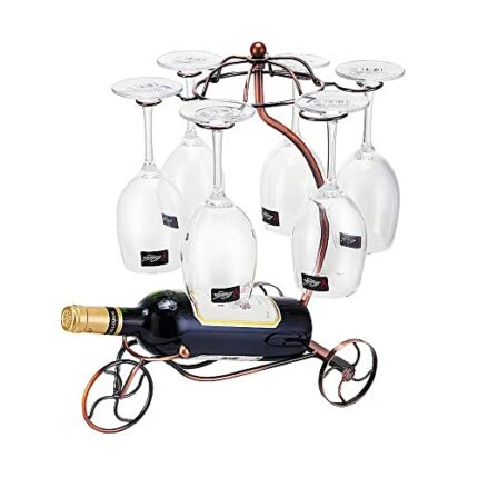 MISFOTY Wine Glasses Holder Rack, Storage 6 Stemware 1 Bottle, Bronze Metal Bicycle Wine Bottle Display Stands