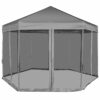 vidaXL Hexagonal Pop-Up Marquee with 6 Sidewalls Grey 3.6x3.1m Gazebo Canopy