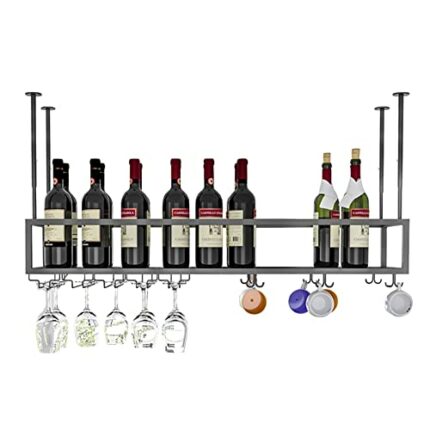 EYLINK Ceiling Hanging Wine Rack, Black Industrial Display Wine Holder Metal Bottle Rack With Stemware Glasses Storage Shelf for Under Cabinet, K