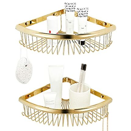 FVRTFT Shower Rack Corner Shower Shelf No Drilling Shower Shelves Self Adhesive Wall Mounted All Copper For Bathroom Toilet,gold,2 Tier