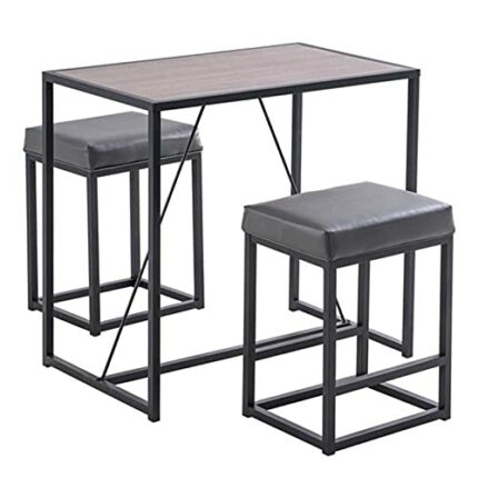 DINGZZ 3 Piece Dining Table Set, Dining Set for 2, Table and 2 PU Stools, Walnut Color & Gray Dining table and Chairs