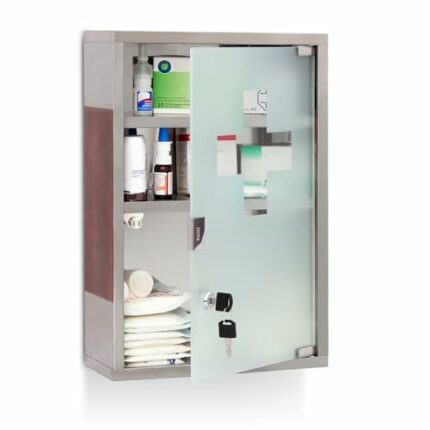 Relaxdays EMERGENCY XL Medicine Cabinet, Stainless Steel & Wood, Wide, Size: 45 x 30 x 12 cm, 3 Shelves, Lockable, w/ 2 Keys, Silver / Brown