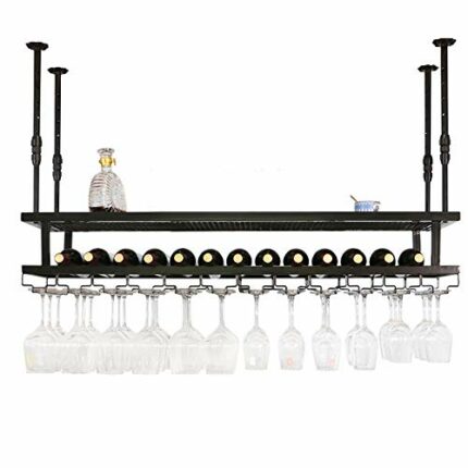 EYLINK Hanging Metal Wine Rack, 30-60Cm Height Adjustable Double-Layer Wrought Iron Hanging Wine Glass Holder, With Wine Bottle Trough, Storage R
