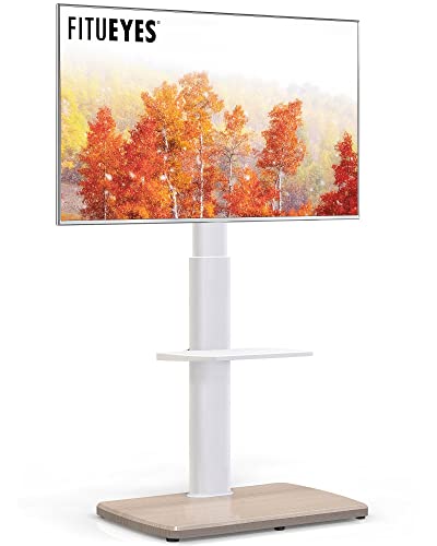 FITUEYES TV Floor Stand 1.4m with 20mm Wood Base for 32-70 Inch TV, 60° Swivel & 6 Height Adjustable Tall TV Stand with 2 Shelves, Corner Slim TV