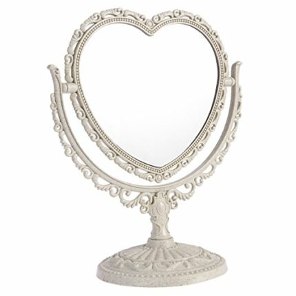 FRCOLOR Vanity Mirror 2x Magnification Heart Shape Two Sided Swivel Tabletop Makeup Mirror Beige