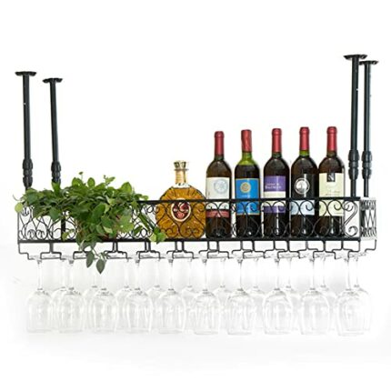Black Wine Rack Ceiling Hanging Wine Bottle Holder, Home Bar Iron Champagne Stemware Glasses Storage Shelf Kitchen Wall Mounted Metal Floating Or