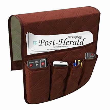 DXIA Anti-Slip Sofa Armrest Organizer, Red Wine Armrest Covers with 5 Pockets for Sofa Couch, Armchair Remote Control Holder for Cellphone Magazi