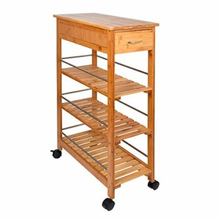 Lantaly Space-Saving Bamboo Kitchen Trolley Cart with Drawer, Utility Organizer Rack, 4-Tier Slimline Bamboo Kitchen Islands Storage Trolley Cart