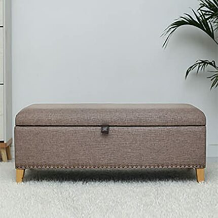 Rectangle Storage Bench,Linen Upholstered Storage Bench,Solid Wood End of Bed Bench with Storage,Modern Storage Chest Bedroom Bench-Brown 100x40x