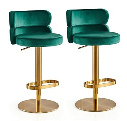 Green Velvet Swivel Round Upholstered Barstools Bar Chair Set of 2 Adjustable Heigh Stainless Steel Titanium Gold Curved Back Strap Golden Footre