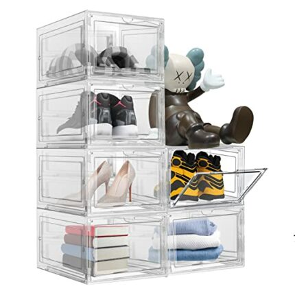 Sturdy Clear Plastic Shoe boxes,Upgraded 6 Packs Stackable Shoes Storage Organiser with Drop Front for Men/Women Sneaker,Heels Display Fit up to
