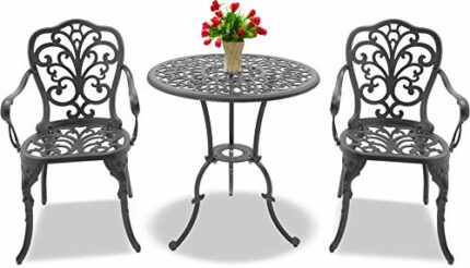 Centurion Supports BANGUI Luxurious Garden & Patio Table & 2 Large Chairs with Armrests Cast Aluminium Bistro Set Grey