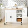 DINGZZ Design Kitchen Trolley with Worktop Kitchen Island Kitchen Cabinet Trolley Sideboard on Wheels White Natural