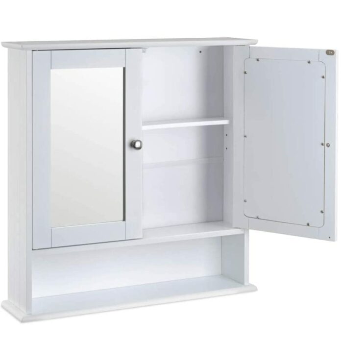 Bathroom Cabinet Mirrored With Double Doors, Organiser Wall Mounted, With Adjustable Shelves, Modern Storage Cupboard Furniture, White (58 * 56 *