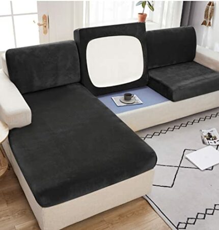Caijin Sofa Seat Cushion Cover,Soft Velvet Fabric Couch Cushion Slipcover,Stretch Velvet Fabric Elastic Bottom（Black, 3 Seater）