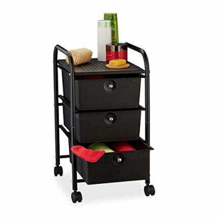 Relaxdays Storage Trolley, 3 Drawers, H x W x D Approx. 60 x 33 x 39 cm, Metal & Plastic, Black