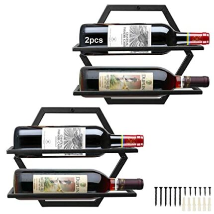 Giyiprpi 2Pcs Wall Mounted Wine Bottle Stemware Rack, Metal Hanging Wine Display Holder with 3 Stemware Glass Organizer, Red Wine Racks for Home