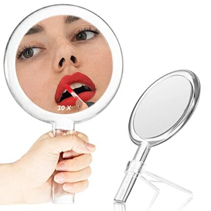 MILEDUO Double-Sided Handheld Mirror with Stand 1X/10X Magnifying Mirror with Handle Clear Adjustable Handheld Mirror Round Makeup Hand Mirror fo
