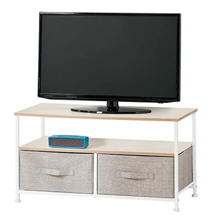 mDesign TV Unit with Organiser Boxes – Slim Television Stand with Shelf and 2 Fabric Boxes – Modern Living Room Furniture for TV, DVD Player and