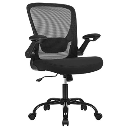 SONGMICS Office Chair with Folding Armrest, Desk Mesh Chair, Ergonomic Computer Chair, 360° Swivel Chair, Adjustable Lumbar Support, Space-Saving