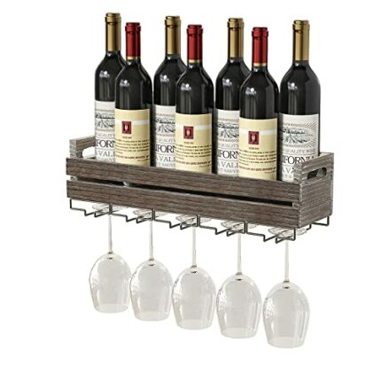 J JACKCUBE DESIGN Wall Mounted Rustic Wood Wine Storage Rack with Metal Glass Holder, Holds 6 bottles, 5 Glasses, Decorative for Home Bar, Dining