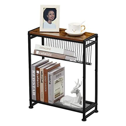 Neekor Side Table for Small Spaces - Slim End Table with Magazine Holder - 2 in 1 Design Narrow End Table Living Room - Skinny Bedside Table Nigh