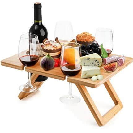 Youeon Portable Wine Picnic Table with 5 Wine Glasses Holder, Foldable Champagne Picnic Snack Table, Wine and Cheese Table for Picnic, Camping, P