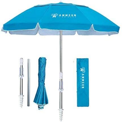 AMMSUN Folded Beach Umbrella with Tilt Portable Silver Coating Inside UV Protection Stripe for Travel,Sun and Outdoor Fits in Suitcase