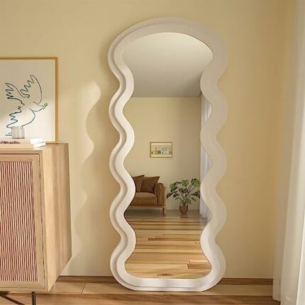 PUDLVA Wavy Mirror, Irregular Wavy Floor Mirror Full Length Mirror, Freestanding, Flannel Frame, Fashion Modern Design, For Bedroom Or Living Roo