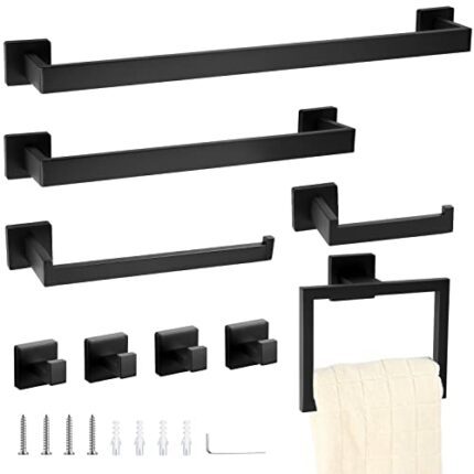 Sieral 9 Pcs Bathroom Hardware Accessories Set Matte Black Towel Bar Set Stainless Steel Bathroom Towel Rack Wall Mounted Black Towel Holder Bath