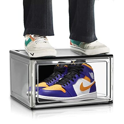 EDS FAM Shoe Storage Box Crates Clear Plastic Stackable Acrylic with Magnetic Door Storage for Sneakerheads Boot Display Case
