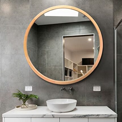 FUWU HOME Wood Round Mirror 24" Circle Wall Mirror Farmhouse Bathroom Vanity Mirror for Living Room Bedroom Entryway Modern Decoration (24" Freel