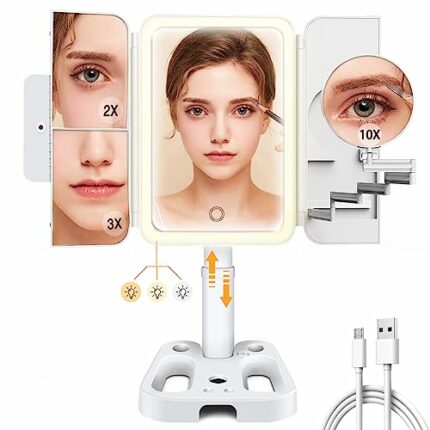 Shansis Lighted Makeup Mirror, 2X/3X/10X Magnifying Mirror, Makeup Mirror Adjustable Height with Lights and Magnification, 3 Color Light Up Mirro