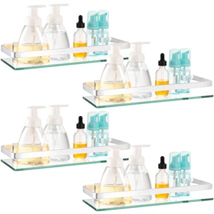 Suzile 4 Pcs Bathroom Glass Shelf Silver Aluminum Glass 8 mm Extra Thick Rectangular 1 Tier Storage Organizer Wall Mount Floating Glass Shelves B