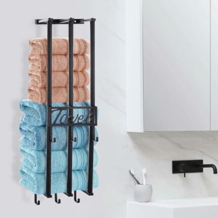 Bathroom Towel Rack Wall Mounted HarmonySpace with 6 Hooks, 3 Bar Wall Towel Rack for Rolled Towels, Towel Organizer Suitable for Small Space Sho