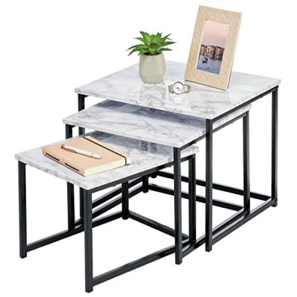 mDesign Set of 3 Nest Tables — Nested End Tables Made of Metal and Wood — Ideal for Use as Living Room Lamp Tables or Bedside Tables — Marble Col