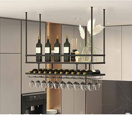 EMISOO Ceiling Mount Shelf Hanging Wine Rack with Glass Holder and Shelf, Adjustable Height Metal Ceiling Bar Wine Glass Rack, 2 Layer Industrial