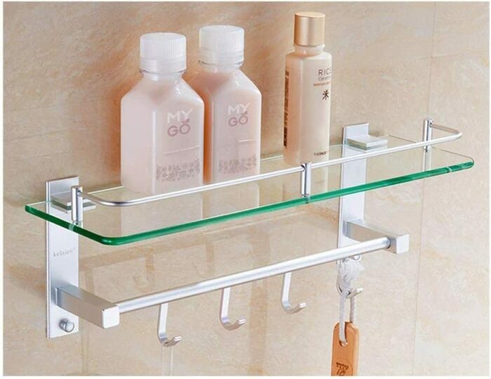 Towel Rack Wall Mount Bathroom Shelf with Hooks Multifunctional Space Aluminum Material 7Mm Tempered Glass Shelf Towel Rack/15 * 50Cm