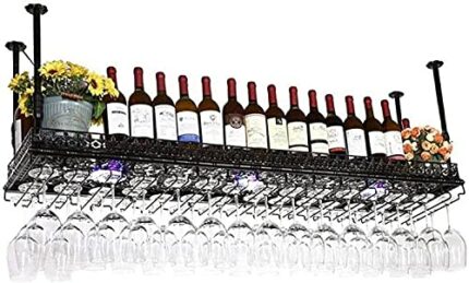 SUCHETA Hanging Wine Rack with Glass Holder and Shelf, Retro Wall-Mounted Wine Rack, Ceiling Wine Rack, Champagne Glass Storage Cabinet, Can Be U