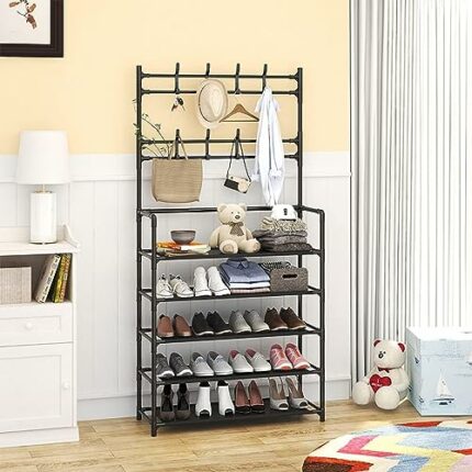 Coat Rack Stand with Shoe Rack, Free Standing Coat Stand with 8 Hooks, Free Standing Hall Tree, Shoe Rack with Coat Hanger for Hallway, Entryway,