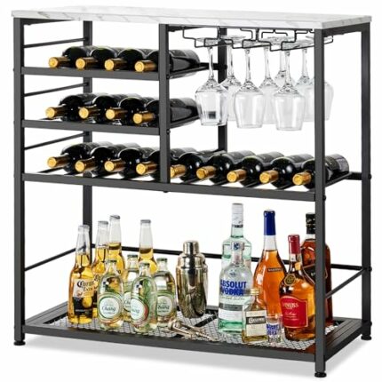 Wine Rack Table with Glass Holder, 32 Inch Modern Wine Bar Cabinet with Storage for 17 Bottle & 9 Glass, Table Liquor Bar Cabinets for Home, Bar,