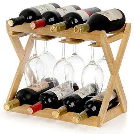 Hacaroa 2 Tier Bamboo Wine Glass Rack for 8 Bottle and 6 Stem Glasses, Countertop Wine Bottle Holders with Tray, Freestanding Goblets Wine Bottle