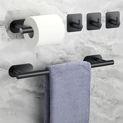 Black Towel Rail Set,JiGiU 5 Pieces Self Adhesive Bathroom Hardware Kit 16 inch Hand Towel Holder,Toilet Paper Holder & 3 Towel Hook SUS304 Stain