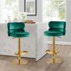 Set of 2 Green Velvet Barstools Swivel Adjustable Heigh Breakfast Bar Chair Round Upholstered Stainless Steel Titanium Gold Curved Back Strap Gol