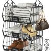 DECOHOME 3 Shelf Metal Hanging Shelves Organiser, Foldable Stackable Wardrobe Storage Shelves with 4 S-Hook, Wall Mounted Storage, Durable Storag