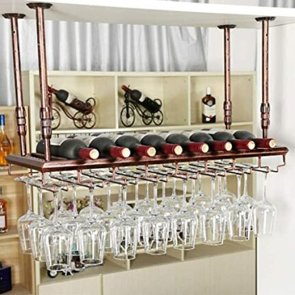 Vintage Ceiling Wine Rack with Hanging Adjustable Boom, Metal Wine Bottle and Glass Holder, Kitchen Bar Counter Floating Goblet Stemware Storage