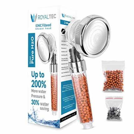ROYALTEC Ionic Shower Head 3 Way Function, Higher Pressure Water Saving, with Extra Replacement Stones (36 Months Replacement Parts Warranty Does