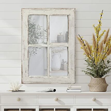 Rustic Window Pane Mirror Wall Decor 11" x 16", Hanging Distressed White Farmhouse Rectangle Wood Frame Mirror, Handmade Decorative Window Mirror