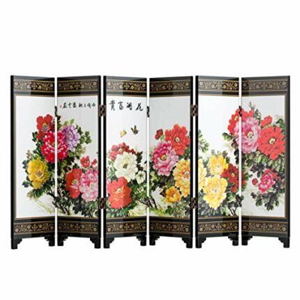 TJ Global 6-Panel Traditional Chinese Art for Home Decoration - Decorative Lacquerware, Home Decor, Lacquer, Oriental, Mini Divider (Peonies)