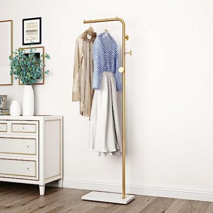 Smlttel Metal Gold Coat Racks, Standing Coat Rack with Heavy Base, Modern Coat Tree with Crossbar and 3 Hooks, Entryway Coat Racks for Handbags,